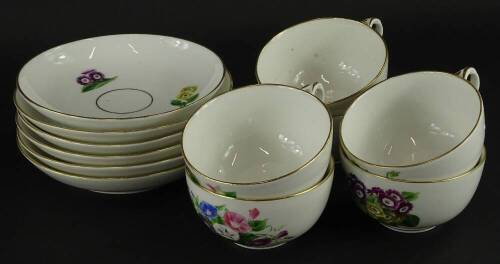 A Royal Copenhagen part tea service, decorated with specimen flowers, the saucers 16.5cm diameter, blue hand written marks to underside.