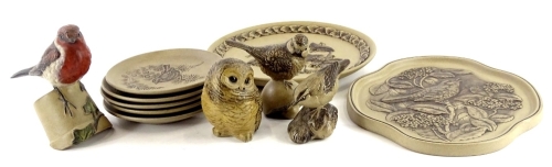 A collection of items of Poole Pottery, to include a plaque modelled by Barbara Linley-Adams, small plates, and four birds, to include a Robin.