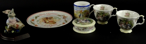 A Royal Doulton Rosy Rabbit figurine, Brambly Hedge Poppy's Babies, box and cover, Peter Rabbit collection mug, Peter Rabbit Christmas plate for 1996 made by Wedgewood, etc.