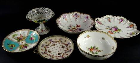 A collection of Dresden and other German ceramics, to include a centrepiece plate, a compartmental plate, a leaf shaped dish, bowl on stand, etc. (6).