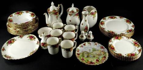 A quantity of Royal Albert Old Country Roses pattern coffee and dinnerware etc., to include twelve dinner plates, various soup plates, coffee pots, vase, coffee cups, etc.