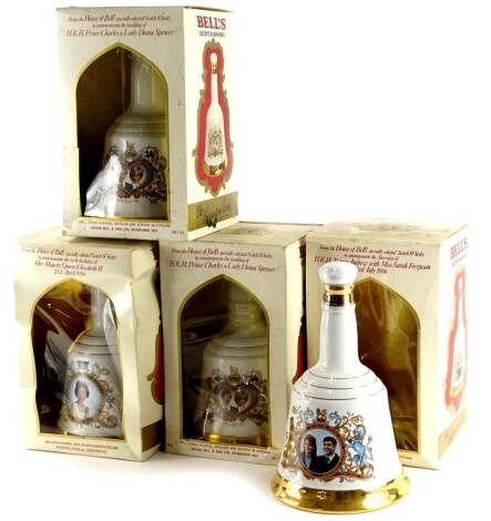 Four bottles of Bells Royal commemorative whisky, for Queen Elizabeth II 60th birthday 1986, the Wedding of Prince Charles and Lady Diana Spencer 1981 (2), the marriage of Prince Andrew and Sarah Ferguson 1986.