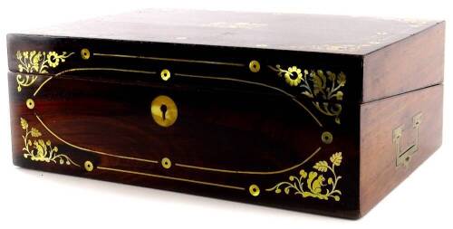 A 19thC rosewood and Mother of Pearl inlaid writing box, the hinged lid decorated with leaves, squirrels etc., enclosing a red leather writing surface, 35cm wide.