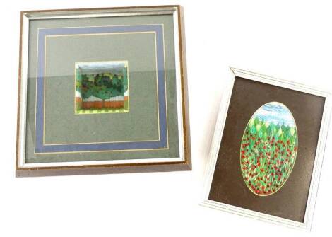 An unusual embroidered picture, decorated with apple trees, recessed into a coloured mount and framed and an embroidered picture of red flowers (2).