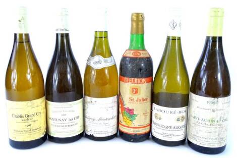 Six bottles of French wine, Vaudesir 1997, Santenay Grande Cru 1997, a bottle of Laboure-Roi, Saint-Aubin Grande Cru 1998, Puligny-Montrachet 1995 and Fleuron St. Julien 1976.