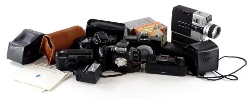 A collection of cameras, to include a Minolta Dynex 300SI back, a smilar 500 AF back, Canon and Panasonic Instamatic cameras, etc.