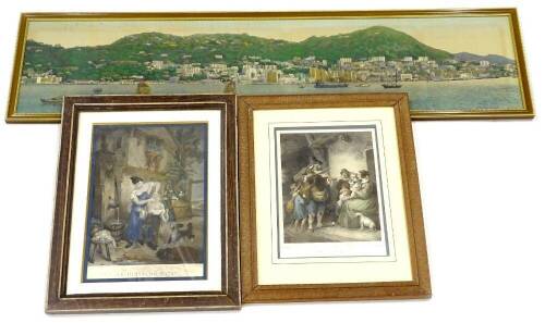 A printed textile picture of a harbour, possibly Hong Kong, 24m x 104cm, and two 19thC prints (3).