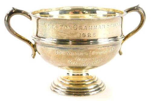 A George V silver two handled trophy, engraved Preston Grammer School 1926, 100 Yards (open 1st winner LF Fenton), Birmingham 1924, 1¼oz.