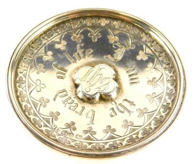 A late Victorian silver Church Paten, engraved with ecclesiastic style Gothic tracery, etc., titled I Am The Bread Of Life, inscribed to underside Presented to The Reverend H I Wadeson by the Parishioners of St James Church, Wigan, June 29th 1892, Birming