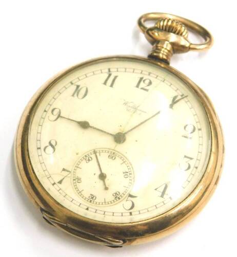 A Waltham 9ct gold pocket watch, with white enamel dial, second style, bezel wind, enclosed back with makers stamp ALD, enclosing a 15 jewel movement, 63.2g all in.