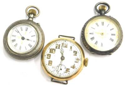 Three watches, comprising a silver fob watch with white enamel dial picked out in gold colouring, a gold plated wrist watch head with Rolex 15 jewel movement and a further silver fob watch. (3)