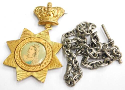Two items of jewellery, comprising a Coronation souvenir medal and a watch chain, with rubbed marking. (2)
