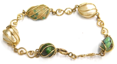 A 9ct gold multi stone set bracelet, with various semi precious and other stones in cage links, including turquoise and pearl, 19cm long overall, 11g all in.