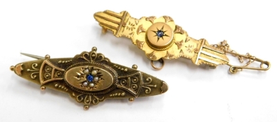 Two bar brooches, comprising a Victorian 9ct gold brooch, set with aquamarine and seed pearl, 4cm wide, and a 9ct gold and blue stone set bar brooch, stamped 9ct, 4cm wide, 5.2g all in.