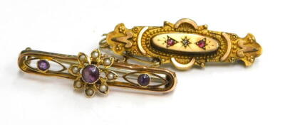 Two bar brooches, comprising a 9ct gold garnet and diamond set bar brooch, 4cm wide, and a 9ct gold amethyst and seed pearl set bar brooch, 4cm wide, 4.1g all in.