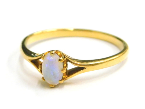 An opal dress ring, set with single small opal, with V splayed shoulders, yellow metal, marked 18ct, ring size S, 2.3g all in.