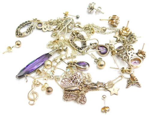 Silver and other earrings and jewellery, to include a silver butterfly necklace and earring set, a pair of silver star drop earrings, two pairs of cluster earrings, a silver and amethyst set Celtic design necklace and earring set, and various loose earrin