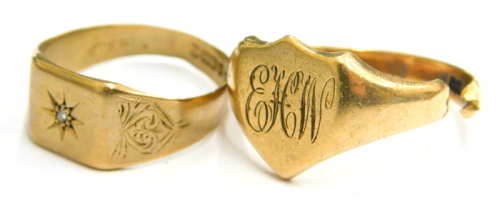 Two 9ct gold rings, comprising a gents signet ring, of shield design bearing initials EHW, cut, 6g, together with a gent's signet ring set with tiny diamond, ring size R, 2.8g. (2)