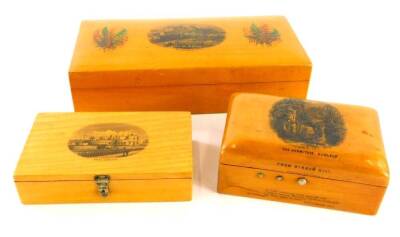 An early 20thC Mauchline ware sycamore box, with Hermitage Dunkeld scene and McLenn & Son publishers stamp, 7cm wide, and a further boxed Deal Castle, and another Stirling Castle, a further box with Clark & Co. label (a quantity).