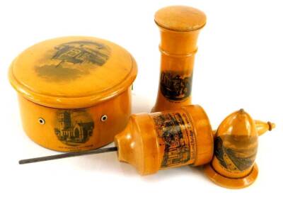 An early 20thC Mauchline ware sycamore sewing box with a string compartment, spaces for cotton reels and thimble set with Albert Institute Dundee scene, 10cm diameter, a further sewing clamp High Level Bridge Newcastle, needle jar Stonebow, Lincoln, and t