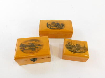 An early 20thC Mauchline ware sycamore box with Carrick Castle scene, 8 cm wide and two others, St Mary's Church Eastbourne and The Pavilion Brighton (3). - 2