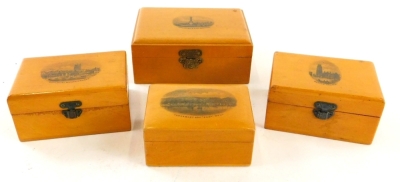 An early 20thC Mauchline ware sycamore box with Tobermory Bay East Mull scene, 8cm wide, and various others Boston Church, the esplanade and Pier Southsea and Bath Hotel in Cliff, Cromer (4).