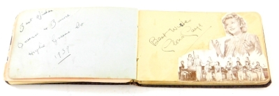 An early to mid 20thC autograph book, to include Jack Daly, Harry Koris, Mr Lovejoy, Leslie Holmes, Sally Griffiths, other musicians or stars of stage and screen etc., Hughie Green, Gloria Gaye, Butlins camp autographs, etc. (a quantity).