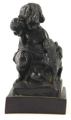 R Parnham. Child with dog, bronze on resin, signed to back, 14cm high.