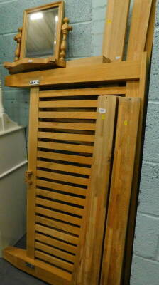 An oak slat back double bed head and foot board, etc., and a pine toilet mirror.