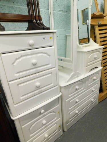 A quantity of modern white bedroom furniture, to include a pair of three drawer bedside cabinets, cheval mirror, chest of two short and two long drawers, etc. (a quantity)