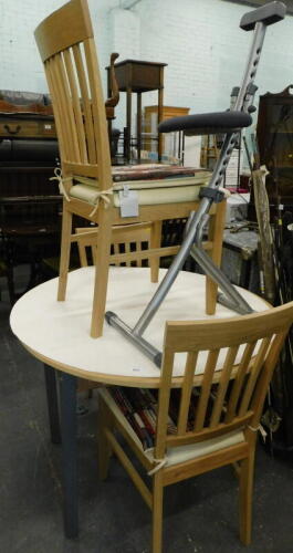 A circular topped dining table and three John Lewis chairs, etc. (a quantity)
