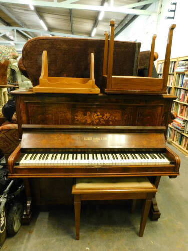 A Barnett Samuel and Sons London walnut framed upright piano, piano stool, etc. (a quantity)