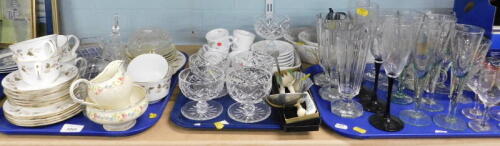 Decorative china glassware, to include a Minton Fortune pattern part teawares, plated ladle, wine glasses, espresso cups, etc. (3 trays and loose).