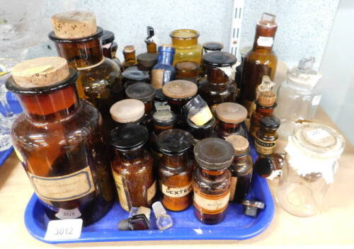 Various glass jars, bearing various medical labels for solvents, etc., (1 tray and loose etc.).