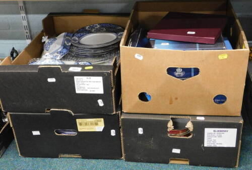 Various boxed cabinet plates, to include Aynsley, Royal Albert, a quantity of Wood & Sons Khotan blue and white dinner wares, etc. (4 boxes).