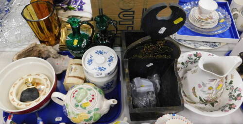 A Portmeirion wash jug and bowl, Bunnykins child's dish, other general household effects, etc. (2 trays and loose).