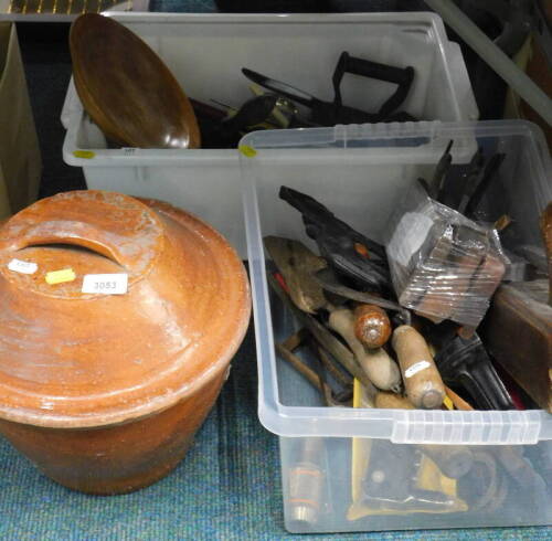 Various hand tools, planes, terracotta pot and cover, hand iron, treen bowl, loose flatware, etc. (2 boxes and loose).