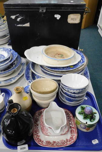 Blue and white wares, to include plates, meat plate, stoneware flagon, black metal box, children's dish (AF) etc. (1 tray and loose).