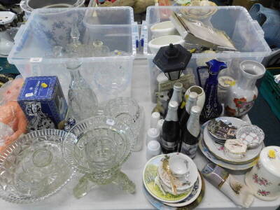 Glassware, to include decanter, bowl, Murano style cat figure, meerkat figure group, vase, other decorative china and effects, etc. (a quantity).