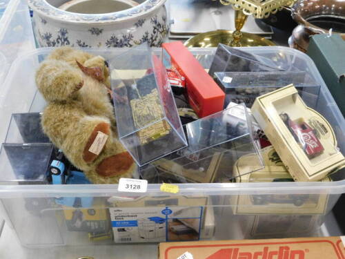 A quantity of Die-cast vehicles, to include Corgi, Lledo, Dean's teddy bear, tank models, etc. (1 box)