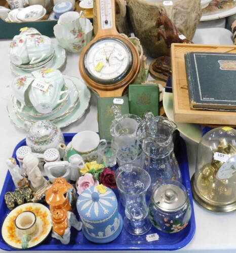 Decorative china and effects, to include part tea wares, Wedgwood Jasperware jar and cover, cigarette cards, domed mantel clock, barometer, etc. (a quantity).