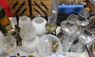 Various oil lamp bases, shades, flumes, etc. (a quantity).