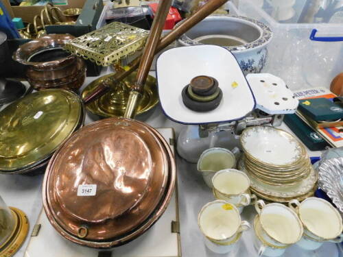 Two warming pans, brass trivet, various jardinieres, part teawares, scales, etc. (a quantity).