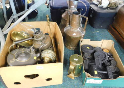 Brassware, copperware, to include a brass oil lamp base, copper kettle, candlesticks, fireside implements, various weights, copper flagon's, Trench Art flagon, etc. (a quantity).