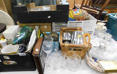 General household effects, to include cabinet plates, vases, Christmas musical biscuit tin, glass dressing table set, drinking glasses, etc. (a quantity).