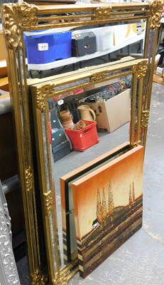 Two gilt framed wall mirrors and an oil on canvas, depicting a cottage in rural landscape (3).