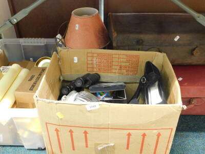 General household effects, to include mid 20thC suitcases, candles, binoculars, table lamp, etc. (a quantity).