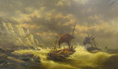 Louis Etienne Timmermans (1846-1910). Fishing boats in stormy seas, off rocky coast, oil on canvas, signed and dated 1873, 74cm x 126cm. Provenance: The Estate of Miss Rachel Monson.