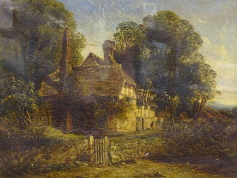 Early 19thC School. Woodland cottage scene with figures, oil on canvas 50cm x 65cm