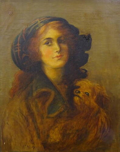 19thC Scottish School. Portrait of a young lady holding a dog, oil on canvas, 49.5cm x 39.5cm.